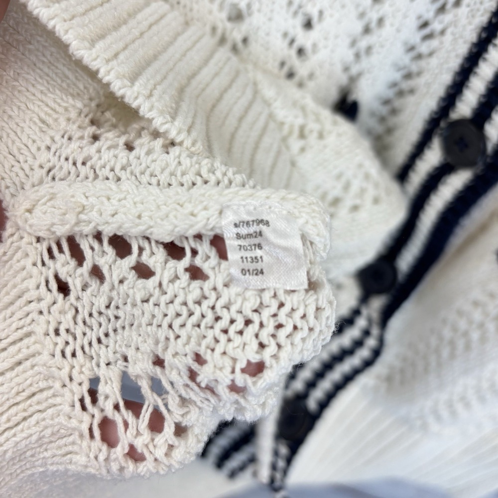 Preppy Tennis Cardigan L Loose Knit Sweater Pockets White Black V-Neck Pointelle - Picture 3 of 6